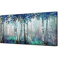Large White Birch Forest Wall Art Decor Canvas Picture Print Blue Green Tree Blue Maple Leaf Plant Living Room Bedroom Bathroom Office Modern Framed Artwork Home Kitchen Decoration