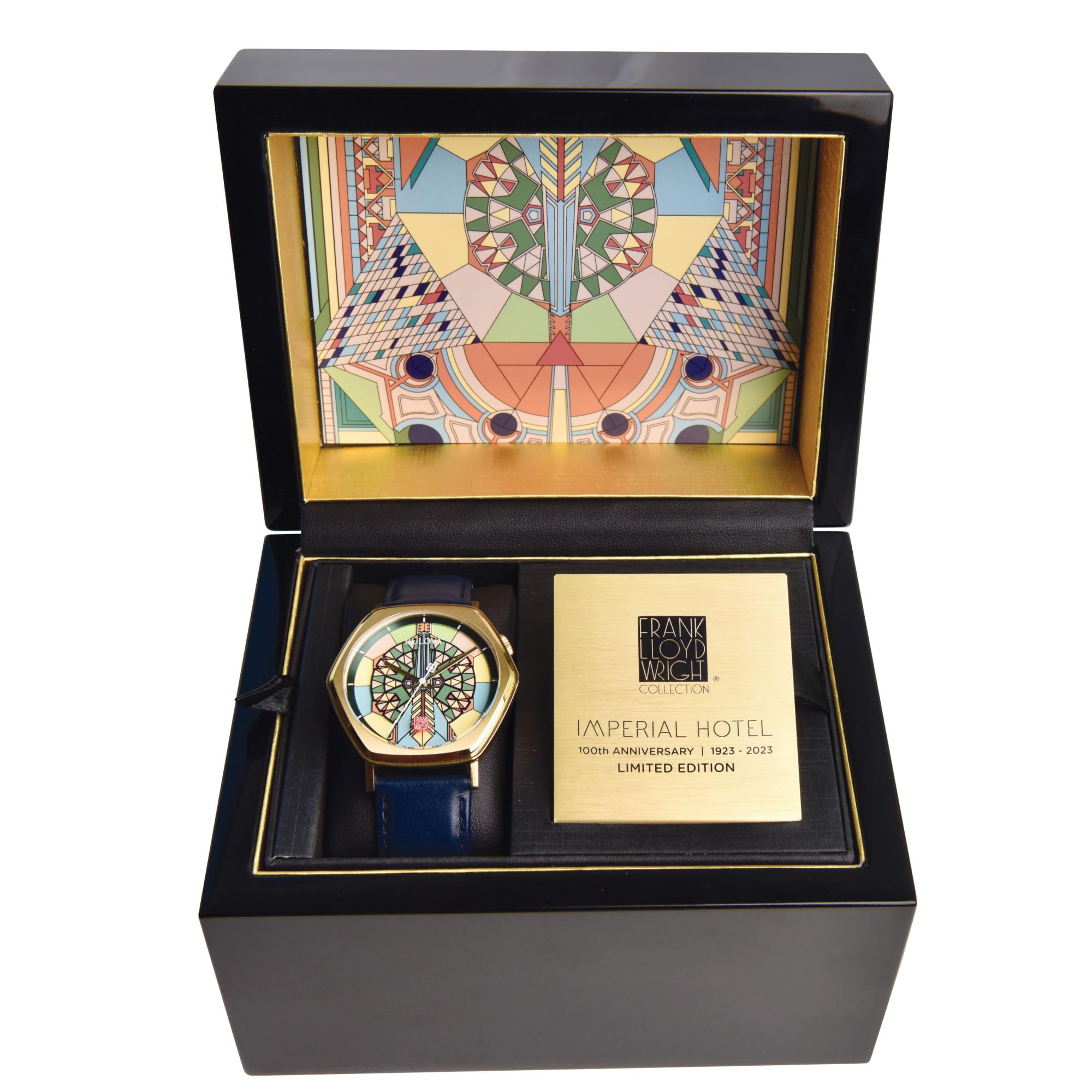 Bulova Men's Frank Lloyd Wright Limited Edition 'Imperial Hotel' Gold Stainless Steel 3 Hand Watch, Blue Leather Strap, and Mosaic Multi-Colored Dial (Model:97A177)