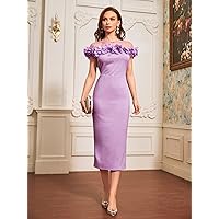 Dresses for Women Women's Dress Sheer Mesh Insert Appliques Split Back Bodycon Dress Without Belt Dress (Color : Lilac Purple, Size : Medium)