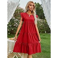 Fall Dresses for Women 2023 Ruffle Trim Smock Dress Dresses for Women (Color : Red, Size : Large)