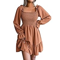 Womens Casual Summer Dress Ladies Casual Dress Flared Long Sleeve Pleated Dress Square Neck Ruffle Swing Dress