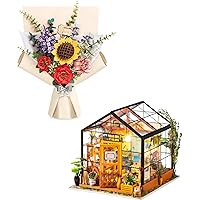 Rolife DIY Miniature House Kit Cathy's Greenhouse and 3D Wooden Puzzles Flower Bouquet Model Kit Building Set for Adults