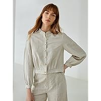 Women's Jackets Linen Cropped Jacket Lightweight Fashion (Color : Khaki, Size : Small)