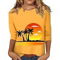 Blusas Casuales De Mujer, 3/4 Sleeve Shirts for Women Hawaii Print Graphic Tees Blouses Casual Plus Size Basic Tops Pullover