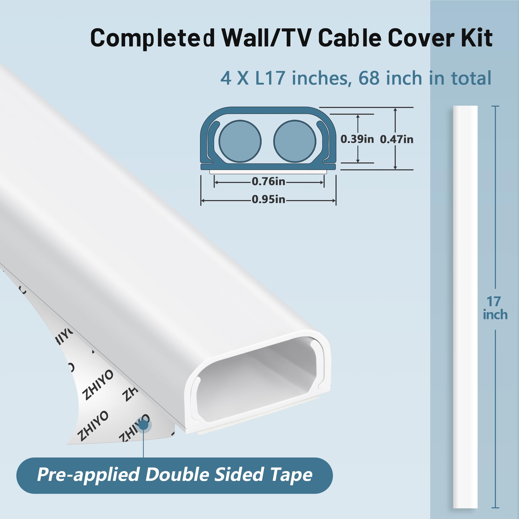 Cable Hider Raceway Kit, 68in Wire Hiders for Wall Mounted TV in Home Office, Paintable Cord Cover Channel,4 pack, L17in X W0.95in X H0.47in, White