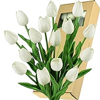 FiveSeasonStuff Tulips Artificial Flowers | Real Touch | Wedding Bouquet Home Décor Party | Floral Arrangements | 15 Stems (Cheerful White)