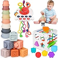 Baby Toys 6 to 12 Months - 4 In 1 Montessori Toys for Babies 1 Year Old Infant Sensory Bins for Toddlers 1-3 Pull String Teether Stacking Blocks & Cups Toys 6 9 10 12 Month Old Baby Learning Toy