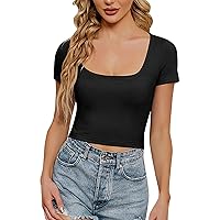 Workout Tops for Women, Women's Casual Square Neck Short Sleeve T-Shirt Slim Fit Stretch Knitted Shirts Loose, S L