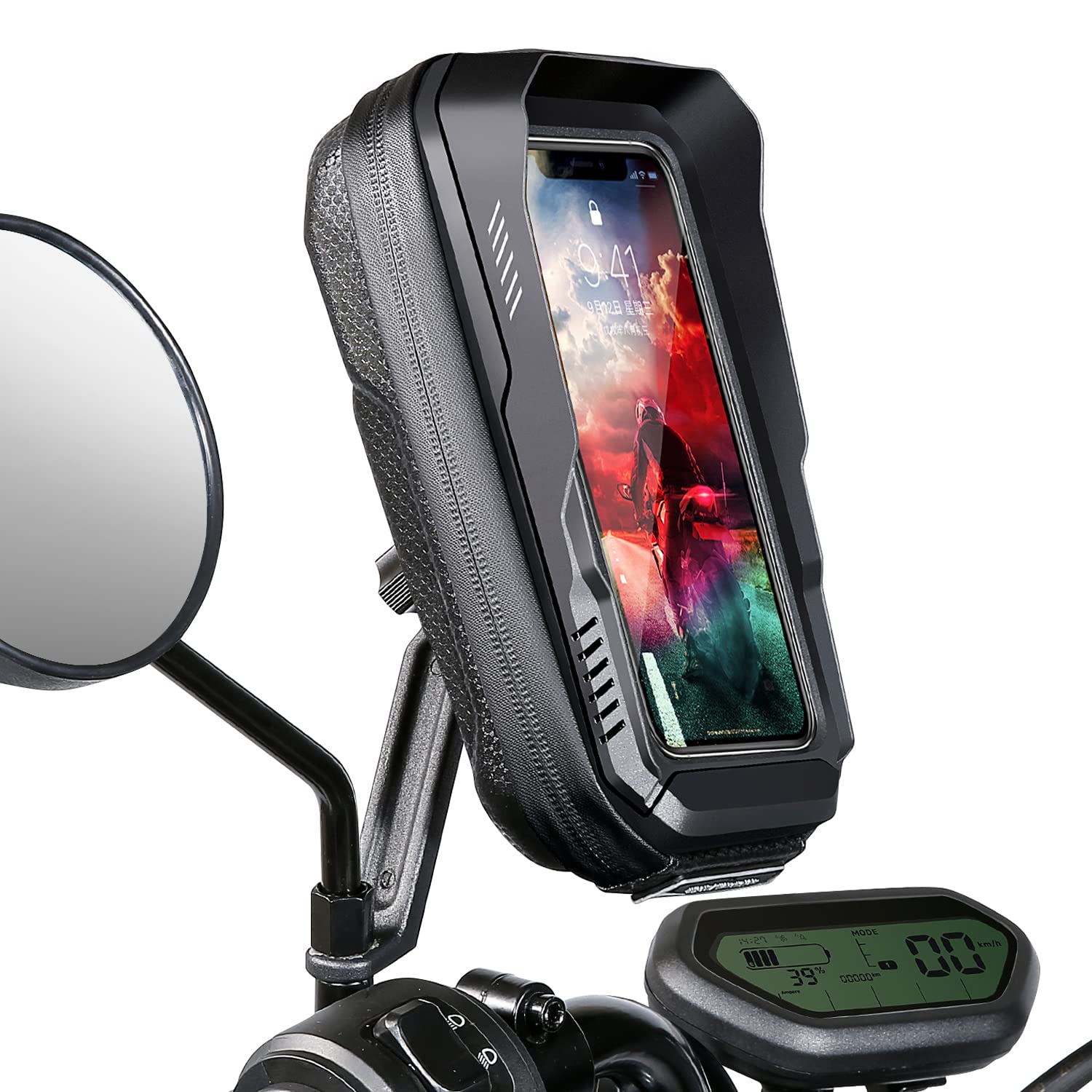 BKNOOU Motorcycle Phone Holder Waterproof Motorcycle Cell Phone Mount 360°Rotation Anti-Shake Upgrade Sun Visor Rain Cover Rearview Mirror Phone Holder Motorbike for Smartphone 4.5
