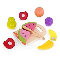 Chop n' Play Fruits- Pretend Play Wooden Play food Set- 6 Hook-and-Loop Fruits to Cut – Safe Knife & Cutting Board – 2 Years +