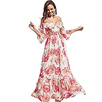 Fall Dresses for Women 2023 Floral Off The Shoulder Flounce Sleeve Cut Out Maxi Dress Dresses for Women