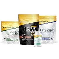 Transformation 4-Pack | Super Greens (30 Servings), Chocolate Protein Powder (18 Servings), Grass-Fed Collagen Peptides Powder (38 Servings) & Carb IQ – Carbohydrate Metabolism Support (30 Servings)