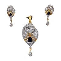 Beautiful Necklace Pendant Set with Earrings 18K Gold Plated Shining Cubic Zircon Studded Latest Indo-Western Jewellery for Girls Women Ladies
