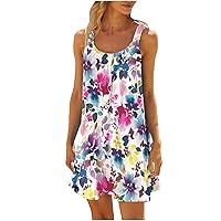 2024 Womens Summer Tank Dress Boho Floral Sleeveless Beach Dresses Casual Loose Scoop Neck Tunic Mini Sundress