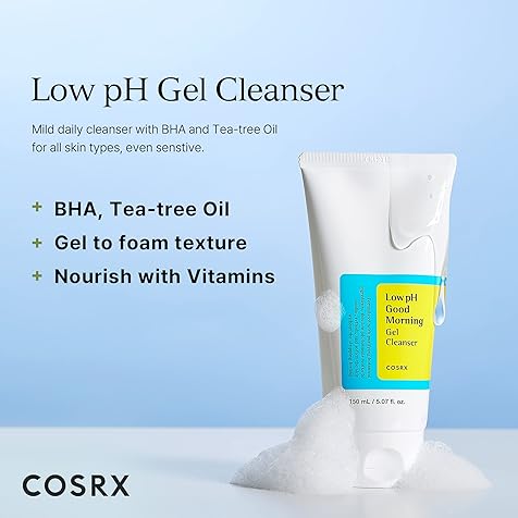 Low pH Good Morning Gel Cleanser, Daily Mild Face Cleanser for Sensitive Skin with BHA & Tea-Tree Oil, PH Balancing, Korean Skincare (5.07fl.oz/150ml)