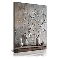 vandlife Framed Flower Zen Canvas Print Vintage Grey Wabi Sabi Wall Art White Magnolia in Ceramic Vase Painting for Living Room Bedroom Home Decor Ready to Hang 18x24in