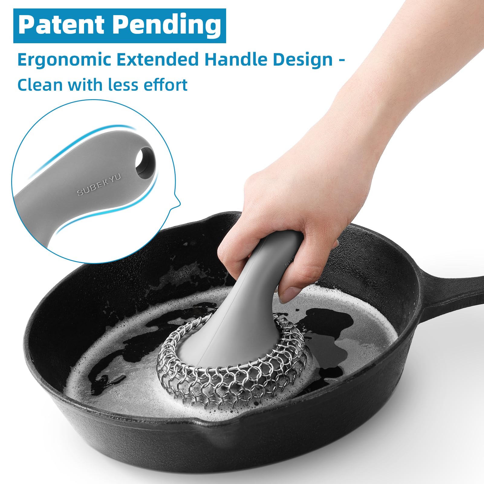 SUBEKYU Cast Iron Scrubber with Silicone Handle, Stainless Steel Cast Iron Skillet Cleaner Chainmail Scrubber for Cast Iron Pans, Grey