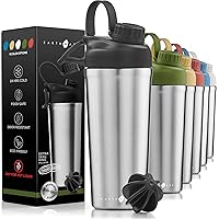Protein Shaker Bottle Stainless Steel, 26 oz Insulated Shaker Bottles for Protein Mixes Keeps COLD for 30 hours, ADDED 2 Extra Ring Guards/Leakproof