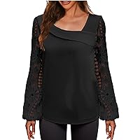 Today Deals Prime Long Sleeve Shirts for Women Trendy 2024 Spring Business Casual Tops Dressy Casual Blouses Ladies Plus Size Elegant Lace Outfits Summer Tops(P Black,Large)