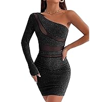GORGLITTER Women's Glitter Ruched One Shoulder Bodycon Mini Dress Long Sleeve Party Pencil Short Dresses