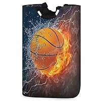 visesunny Basketball with Fire and Water Large Capacity Laundry Hamper Basket Water-Resistant Oxford Cloth Storage Baskets for Bedroom, Bathroom, Dorm, Kids Room