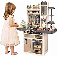 Play Kitchen - Kitchen Playset Pretend Food - Toy Accessories Set w/Real Sounds & Light, Play Sink, Cooking Stove with Steam, 65 PCS for Toddlers Kids 37 inch, Girls & Boys 3+ Years