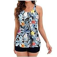 Modest Tankini Swimsuits for Women 2 Piece Bathing Suits Vintage Retro Floral Print Tank Top with Boyshorts Beachwear