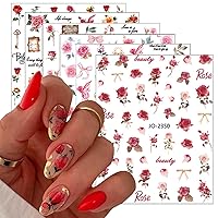 6 Sheets Flower Nail Art Stickers 3D Spring Floral Nail Decals 3D Self-Adhesive Nail Art Supplies Colorful Retro Rose Flower Nail Design Sticker for Women DIY Nail Art Decorations