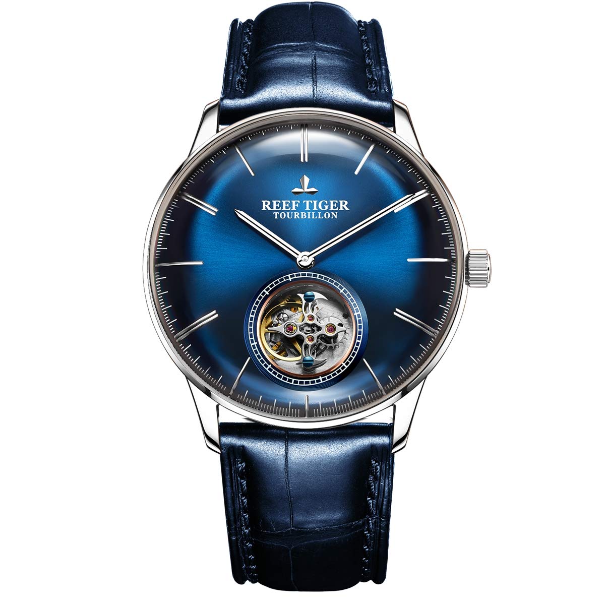 Reef Tiger RGA1930 Blue Tourbillon Watch Leather Strap Men Luxury Brand Automatic Mechanical Watches
