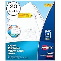 Avery Big Tab Printable White Label Dividers with Easy Peel, 8 Tabs, 20 Sets (14435)
