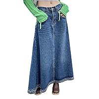 Denim Skirts for Women 2024 Retro High Waist Maxi Skirt Dress Raw Hem A line Long Skirts Flare Cargo Jean Skirt with Pockets