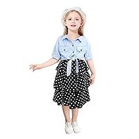 2 Pieces Set Baby Girls' Summer Dots Dress Sleeveless Vest Suspender, Cotton Cardigan Black/4T