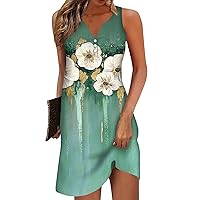 Summer Dresses for Women 2024 Floral Button Print V Neck Dress Sleeveless Loose Fit Dress