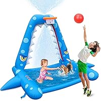 Sprinkler for Kids Outdoor Play, Giant Inflatable Shark Water Toys Splash Pad with Basketball Hoop, Fun Sprinkler Summer Outdoor Game for 3-8 Years Old Children Boys Girls Gift