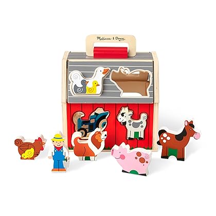 Melissa & Doug Wooden Take-Along Sorting Barn Toy with Flip-Up Roof and Handle, 10 Wooden Farm Play Pieces - Farm Toys, Shape Sorting And Stacking Learning Toys For Toddlers And Kids Ages 2+