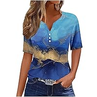 Women's Marble Print Short Sleeve Shirts V Neck Button Down Henley T-Shirt Loose Tunic Blouses Summer Tops 2024