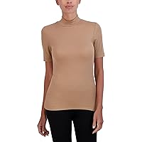 BCBGMAXAZRIA Women's Slim Fit Top 3/4 Sleeve Mock Neck Shirt, Camel, XX-Small