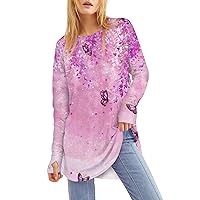 Womens Tops Elegant Long Sleeve Camping T Shirt for Women Oversize Summer Loose Fit Tee Print Cool Round Neck Top Womens Purple Pink Long Sleeve Tee Shirts for Women Large