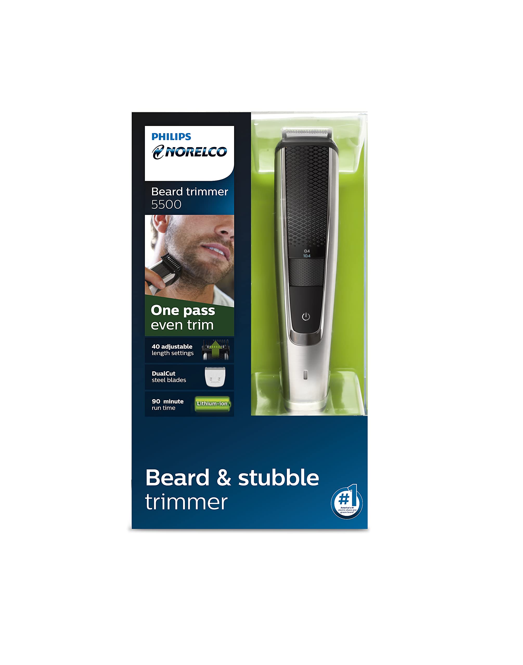 Philips Norelco Beard Trimmer and Hair Clipper Series 5500, Electric, Cordless, one Pass Beard Trimmer and Hair Clipper with Washable Feature for Easy Clean - No Blade Oil Needed - BT5511/49