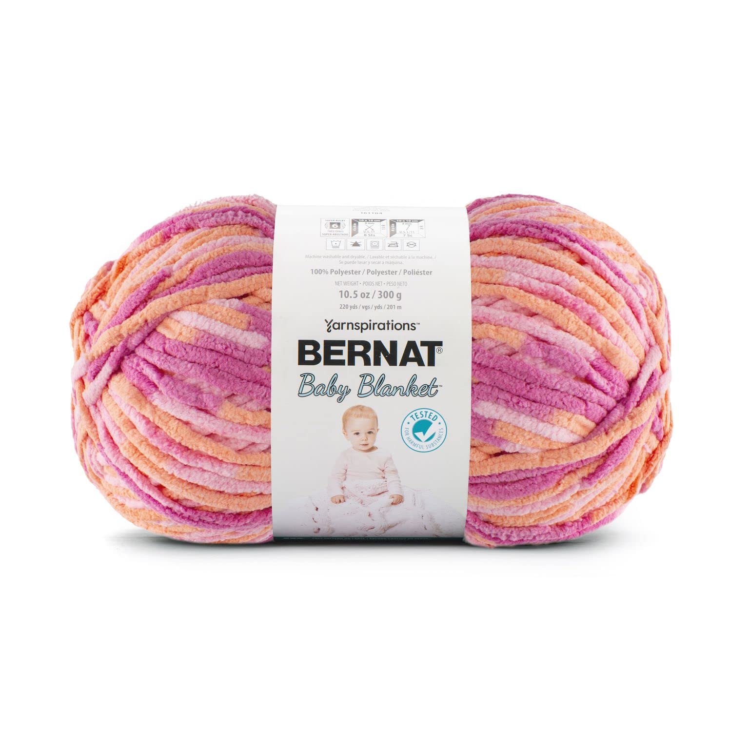 Bernat BABY BLANKET BB Peachy Yarn - 1 Pack of 10.5oz/300g - Polyester - #6 Super Bulky - 220 Yards - Knitting/Crochet