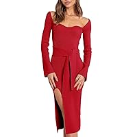 ANRABESS Women's 2023 Fall Long Sleeve Sweetheart Neck Tie Waist Slit Side Kibbed Knit Slim Bodycon Midi Sweater Dress