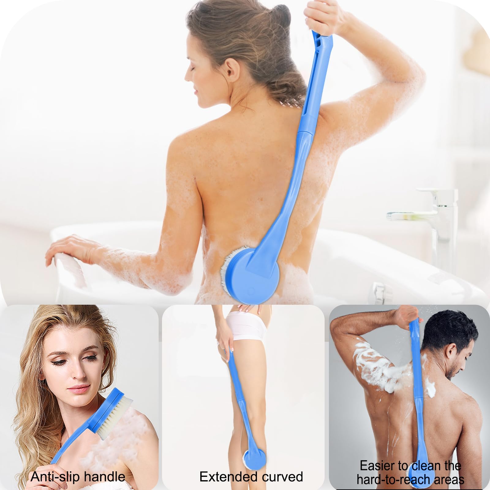 Back Brush Long Handle for Shower, 20.5” Bath Brush, Back Scrubber, Shower Body Brush with Curved Handle for Elderly Disabled, Limited Mobility, Frozen Shoulder,Men and Women(Blue)