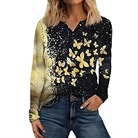 Womens Button Up T-Shirts Long Sleeve Henley Tunic Tops V-Neck Casual Blouse with Print Fall Clothes for Women 2023