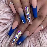 Coffin Long Press on Nails Full Cover Coffin Fake Nails Acrylic False Nails for Women (Coffin flashy french blue with rhinestoness)