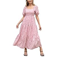 Womens Summer Short Puff Sleeve Off Shoulder Smocked Floral Dress Lace Flowy A Line Textured Tiered Midi Dresses