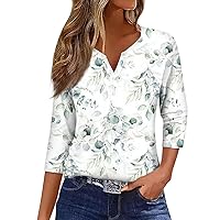 Womens Summer Tops, 3/4 Sleeve Button Down V Neck Casual Shirts Going Out Loose Fit Trendy Basic Dressy Tees
