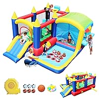 7-in-1 Inflatable Bounce House - Ball Pool, Trampoline, Tic-Tac-Toe, Basketball Hoop, Slide, Boxing Column, and Story. for Kids Indoor Outdoor Party Family Fun,Obstacles,Party Multicolor One Size