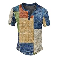 V Neck Patchwork Henley T Shirts for Men Summer Casual Contrast Waffle Knit Tops Vintage Printed Short Sleeve Beach Tees