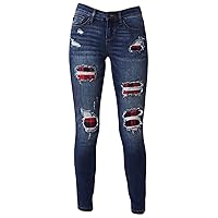 Andongnywell Women's Ripped Holes Plaid Patches Jeans Stretch Destroyed Hole Denim Pants Slim Fit Stretchy Skinny Jeans