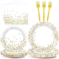 gisgfim 96Pcs White and Gold Party Paper Plates and Napkins Party Supplies Gold Dot on White Party Birthday Tableware White Gold Glitter Party Decoration Favors for Birthday Baby Shower Serves 24